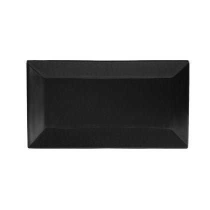 11.5-inch rectangular black platter, durable ceramic serveware, sleek black glaze, modern tableware, microwave and dishwasher safe, stylish dish for appetizers, main courses, and desserts.