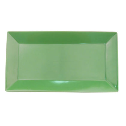 11.5-inch rectangular green platter, durable ceramic serveware, elegant tableware, rich green glaze, microwave and dishwasher safe, stylish dish for appetizers, main courses, and desserts.