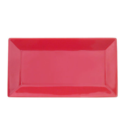 11.5-inch rectangular red platter, durable ceramic serveware, bold red glaze, modern dish, microwave and dishwasher safe, stylish tableware for appetizers, main courses, and desserts.