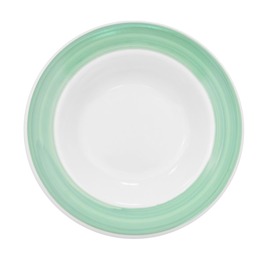 11 3/8-inch green pasta bowl with a 24oz capacity, stylish and durable, perfect for pasta, salads, soups, and grain bowls. Chip-resistant, microwave- and dishwasher-safe for everyday use.