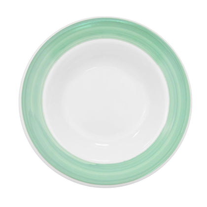 11 3/8-inch green pasta bowl with a 24oz capacity, stylish and durable, perfect for pasta, salads, soups, and grain bowls. Chip-resistant, microwave- and dishwasher-safe for everyday use.