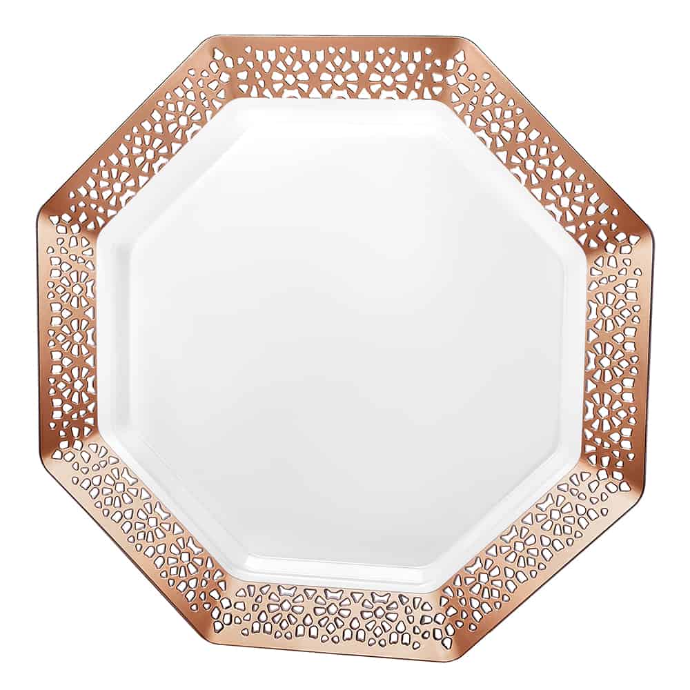 Lacetagon Premium Rose Gold Plates in 11-inch, 9-inch, and 7-inch sizes. Elegant, durable, and reusable dinnerware. Ideal for weddings, parties, catering, and family gatherings, perfect for main courses and desserts.