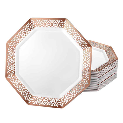 Lacetagon Premium Rose Gold Plates in 11-inch, 9-inch, and 7-inch sizes. Elegant, durable, and reusable dinnerware. Ideal for weddings, parties, catering, and family gatherings, perfect for main courses and desserts.