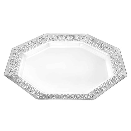 Lacetagon Premium Silver Plates in 11-inch, 9-inch, and 7-inch sizes. Elegant, durable, reusable dinnerware. Perfect for weddings, parties, catering, and family gatherings. Ideal for meals and desserts