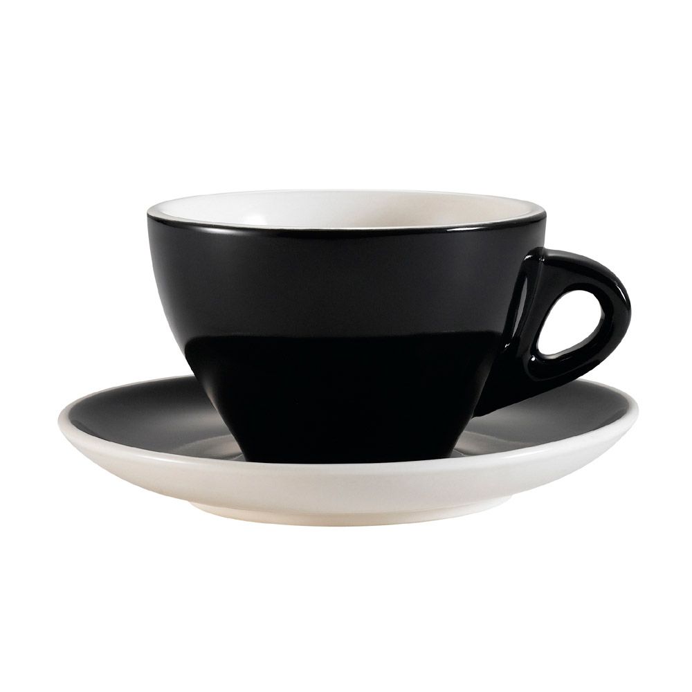 11oz Black Cup & Saucer Set with modern design, chip-resistant porcelain, microwave, oven & dishwasher safe. Ideal for coffee, tea, espresso in cafés, restaurants, and homes.