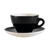 11oz Black Cup & Saucer Set with modern design, chip-resistant porcelain, microwave, oven & dishwasher safe. Ideal for coffee, tea, espresso in cafés, restaurants, and homes.