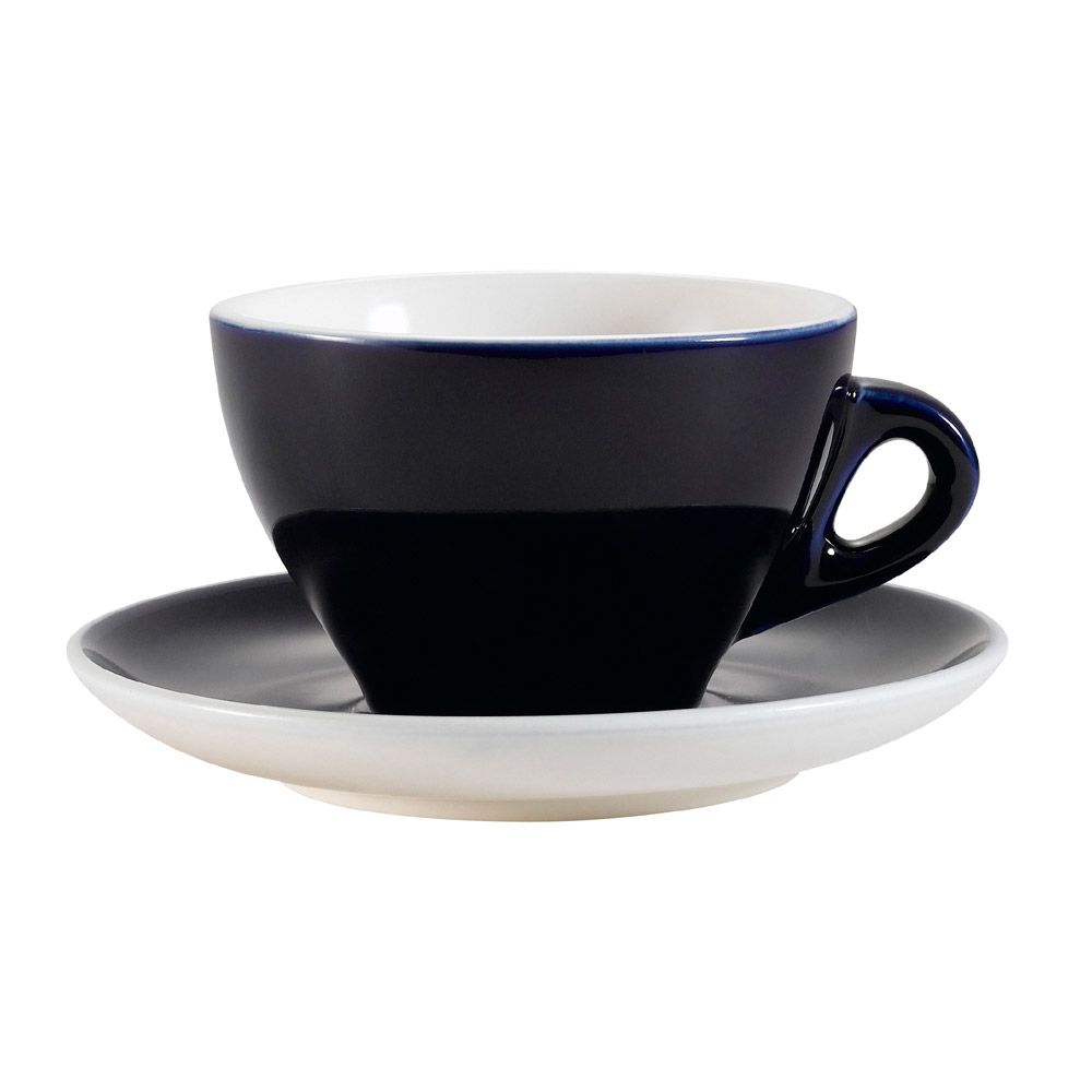 11oz Cobalt Blue Cup & Saucer Set with a glossy finish, ergonomic handle, and chip-resistant porcelain. Microwave, oven & dishwasher safe. Perfect for coffee, tea, espresso in cafés and homes.