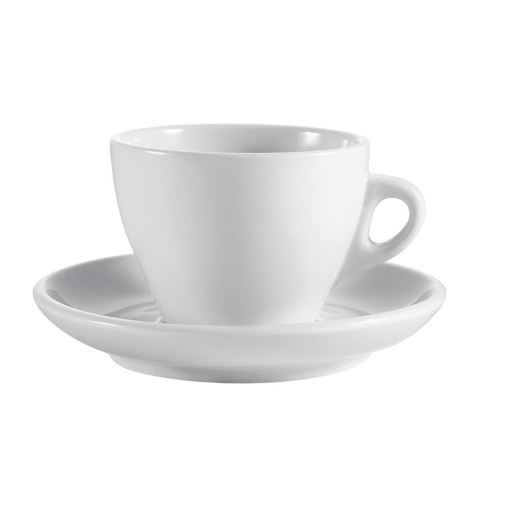 11oz White Cup & Saucer Set with sleek design, ergonomic handle, and chip-resistant porcelain. Ideal for coffee, tea, espresso, and cappuccino. Microwave and dishwasher safe.