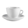 11oz White Cup & Saucer Set with sleek design, ergonomic handle, and chip-resistant porcelain. Ideal for coffee, tea, espresso, and cappuccino. Microwave and dishwasher safe.