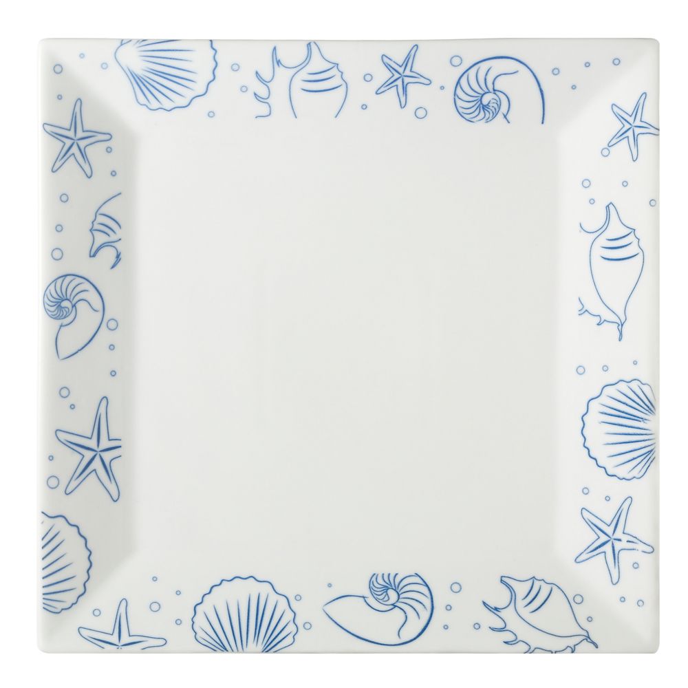 12-inch porcelain seashell square plate PW, chip-resistant, microwave- and dishwasher-safe. Elegant dinnerware for seafood, appetizers, and main courses at home or in restaurants.