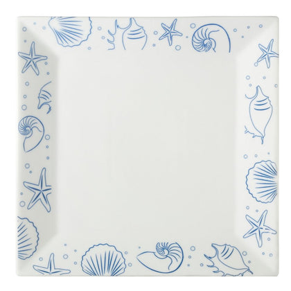 12-inch porcelain seashell square plate PW, chip-resistant, microwave- and dishwasher-safe. Elegant dinnerware for seafood, appetizers, and main courses at home or in restaurants.