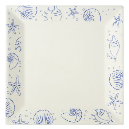 12-inch stoneware seashell square plate AW, chip-resistant, microwave- and dishwasher-safe. Stylish dinnerware for serving seafood, appetizers, and main courses at home or in restaurants.