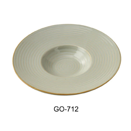 This dessert plate features a wide rim and curved edge, making it suitable for serving desserts and small appetizers. Its earthy tone complemented by a golden rim offers a refined presentation for upscale cafes, restaurants, and catering environments. Made from high-quality porcelain, the plate is microwave and dishwasher safe, supporting efficient cleaning cycles and workstation versatility.