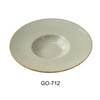 This dessert plate features a wide rim and curved edge, making it suitable for serving desserts and small appetizers. Its earthy tone complemented by a golden rim offers a refined presentation for upscale cafes, restaurants, and catering environments. Made from high-quality porcelain, the plate is microwave and dishwasher safe, supporting efficient cleaning cycles and workstation versatility.