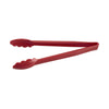 12-inch red plastic utility tongs with durable construction for safe, hygienic food handling; lightweight, easy to clean, and ergonomic; ideal for commercial kitchens, catering, and buffets; packed 144 per case.