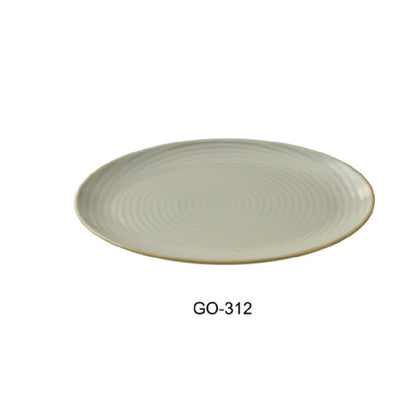 This oval plate features a curved edge rim, it combines functional size with aesthetic appeal. Its earthy tone with a golden rim fits well in upscale casual or hospitality settings, supporting efficient service with microwave and dishwasher compatibility for streamlined operations. Elevate your dining experience with the EcoQuality restaurant dinnerware.