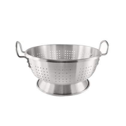 12-quart aluminum colander with loop handles and footed base for stability and easy drainage. Durable, rust-resistant, ideal for large-volume food prep in both commercial and home kitchens.