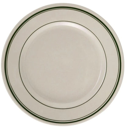 This round plate is characterized by its tasteful green striped rim, providing a touch of color and sophistication to your table setting. Its compact size makes it ideal for bread, butter, desserts, or small appetizers. Crafted from high-quality porcelain, this plate is both durable and versatile, making it an excellent addition to any dining restaurants or catering setting.  High quality affordable restaurant dinnerware.