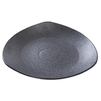 This triangular plate features a durable porcelain material that supports reliable use in everyday food presentation and service. Its black finish enhances visual appeal atop various dinnerware setups and its dishwasher, oven, and microwave safety ensures versatile functionality, making it suitable for institutional kitchens, catering services, and restaurant back-of-house operations. High quality affordable restaurant dinnerware.