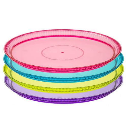 Ridged Assorted Jewel Round Tray in 12-inch and 16-inch sizes. Featuring jewel accents, perfect for serving appetizers, desserts, or drinks at parties, weddings, and gatherings. Durable, elegant, and stylish.