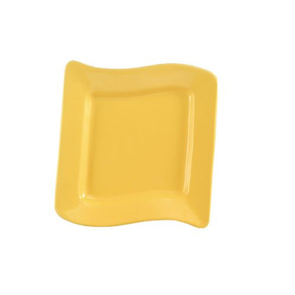12-inch yellow square plate with modern design, break-resistant and microwave-safe; perfect for vibrant food service at home, restaurants, or catered events with bold color appeal.