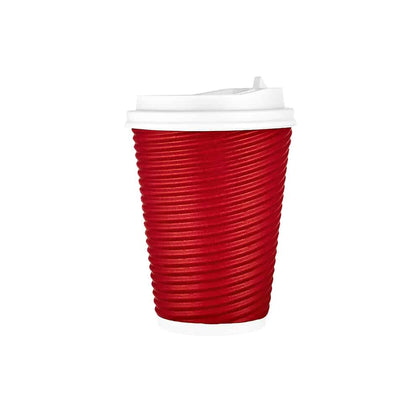 12oz Ripple Hot Cup with Lid, stylish and insulated disposable coffee cups available in silver, maroon, tan, and black. Perfect for hot beverages at cafes, offices, events, or on the go.