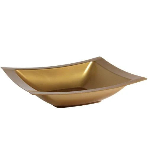 Rectangles Gold Bowls in 12oz and 5oz sizes. Durable BPA-free plastic with a gold finish. Perfect for events, weddings, and parties. Reusable or disposable for easy cleanup.