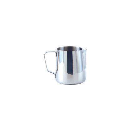 12oz stainless steel frothing pitcher made from 18/8 steel, ideal for steaming milk and latte art. Durable, easy-pour spout and ergonomic handle for baristas and coffee enthusiasts.