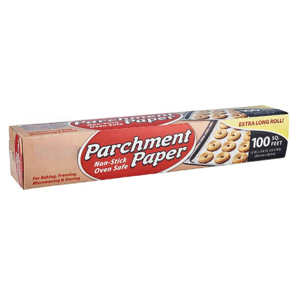 12-inch by 100-foot parchment paper, non-stick, grease-resistant roll for baking, roasting, and food prep. Perfect for lining baking sheets and cake pans, ensuring easy cleanup and preventing sticking.