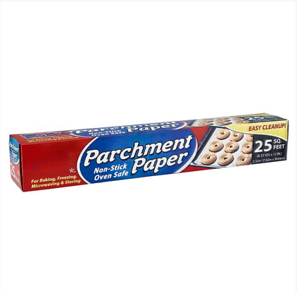 12-inch by 25-foot parchment paper, perfect for baking, roasting, and food prep. Non-stick, grease-resistant surface ensures easy cleanup and prevents food from sticking to baking sheets and pans.