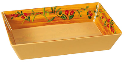 EcoQuality Rectangular Tray, this scalloped edge tray is ideal for serving hot or cold appetizers, slices of bread, desserts, and other food for the entire table. Made from melamine material, it is popular for being reliable and having an unbreakable structure. The stylish Olive collection has a distinctive appearance featuring dinnerware with a glossy finish. It can be used in restaurants and catered events, outdoor dining areas, diners and cafes, and even hotels and poolside parties. 