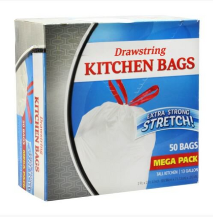 13-gallon extra-strong tall kitchen trash bags with drawstring closure, tear-resistant and leak-proof for heavy-duty waste management.