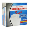 13-gallon extra-strong tall kitchen trash bags with drawstring closure, tear-resistant and leak-proof for heavy-duty waste management.