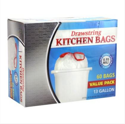 Durable 13-gallon tall kitchen drawstring trash bags, tear-resistant and leak-proof for easy waste management with secure closure.