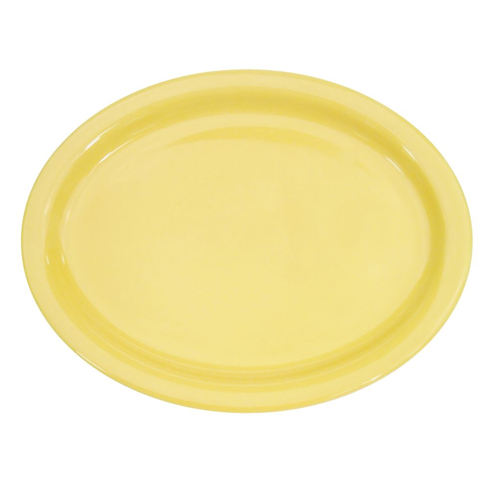13.25” N.R. Yellow oval platter, durable break-resistant serving dish for appetizers, entrées, sides, microwave-safe, dishwasher-safe, modern tableware for restaurants, catering, and home use.