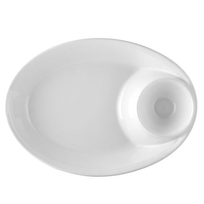 13 7/8-inch oval chip and dip bowl, 65oz chip bowl with 8oz dip section, modern serving dish, chip-resistant durable platter, large snack bowl, easy-to-clean glazed chip and dip set, party essential.