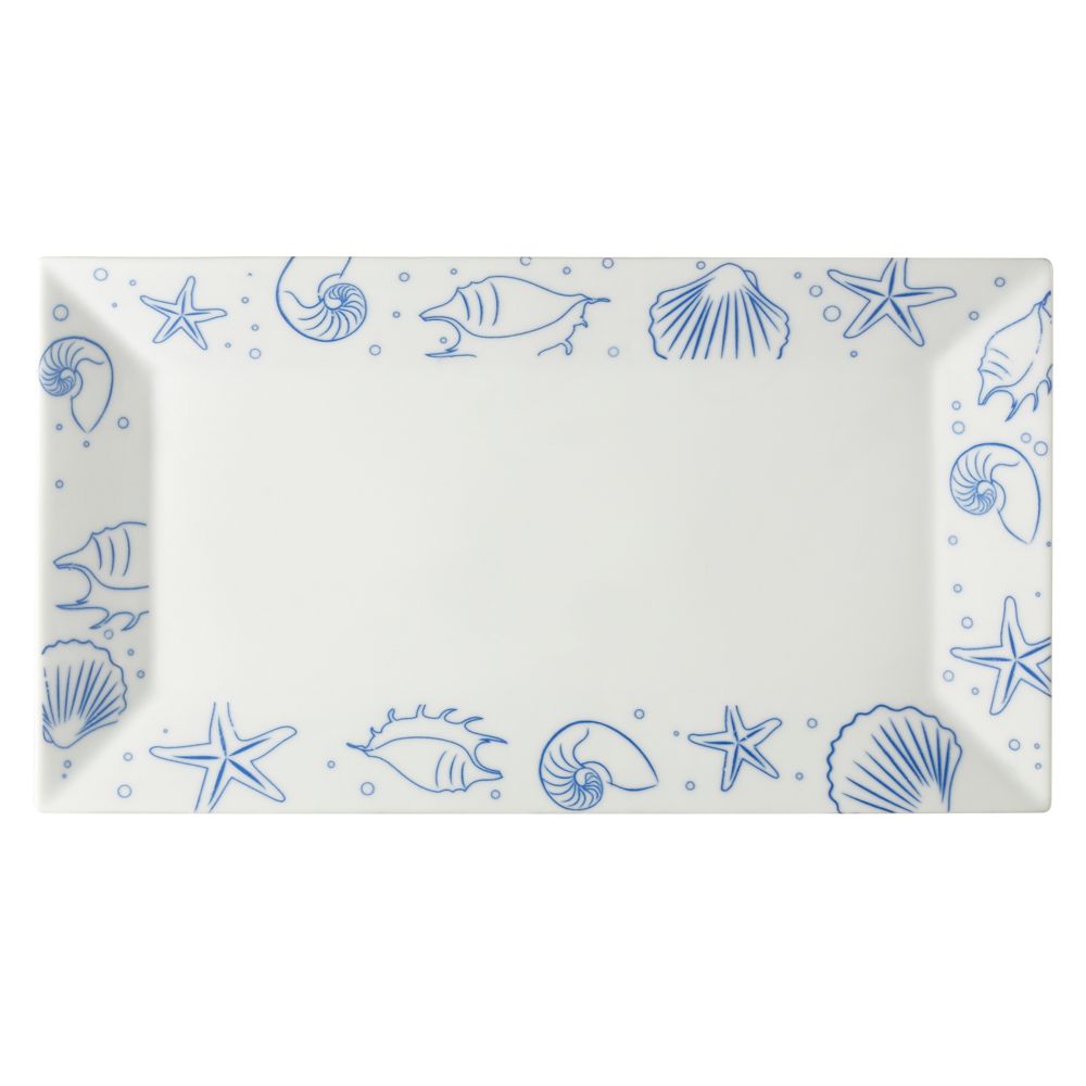 14.5-inch porcelain seashell rectangular platter PW, chip-resistant, microwave- and dishwasher-safe. Elegant serving dish for seafood, appetizers, and entrees at home or in restaurants.
