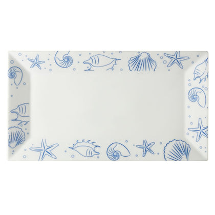 14.5-inch porcelain seashell rectangular platter PW, chip-resistant, microwave- and dishwasher-safe. Elegant serving dish for seafood, appetizers, and entrees at home or in restaurants.