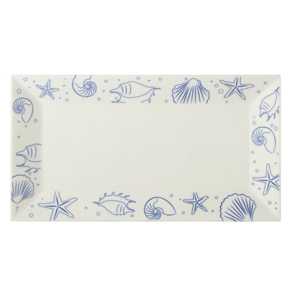 14.5-inch stoneware seashell rectangular platter AW, chip-resistant, microwave- and dishwasher-safe. Stylish serving dish for seafood, appetizers, and entrees at home or in restaurants.