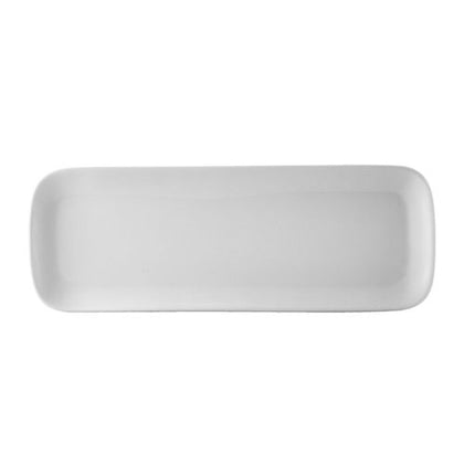 14” Coupe Long Tray – Elegant ceramic serving platter for appetizers, sushi, and desserts. Sleek, modern design with microwave, oven, and dishwasher-safe for easy use and cleaning.