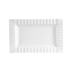 14-inch rectangular serving platter with striped rim, stylish and durable, microwave-safe, oven-safe, dishwasher-safe, stain-resistant, perfect for appetizers, entrees, charcuterie, and desserts.