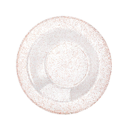 Rose gold glitter bowls in 14oz and 5oz sizes, perfect for salads, soups, dips, appetizers, and desserts. Ideal for weddings, parties, and events. Durable, BPA-free, reusable, disposable, and elegant.