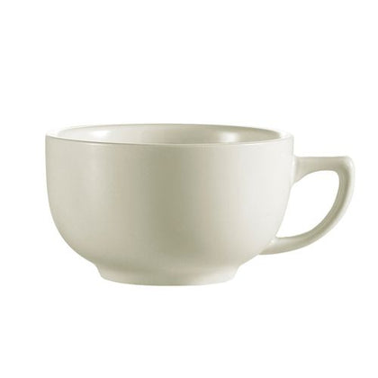 14oz cappuccino cup with a wide rim and sturdy handle. Perfect for coffee, lattes, and tea. Durable, microwave and dishwasher safe for convenience in homes, cafés, and restaurants.