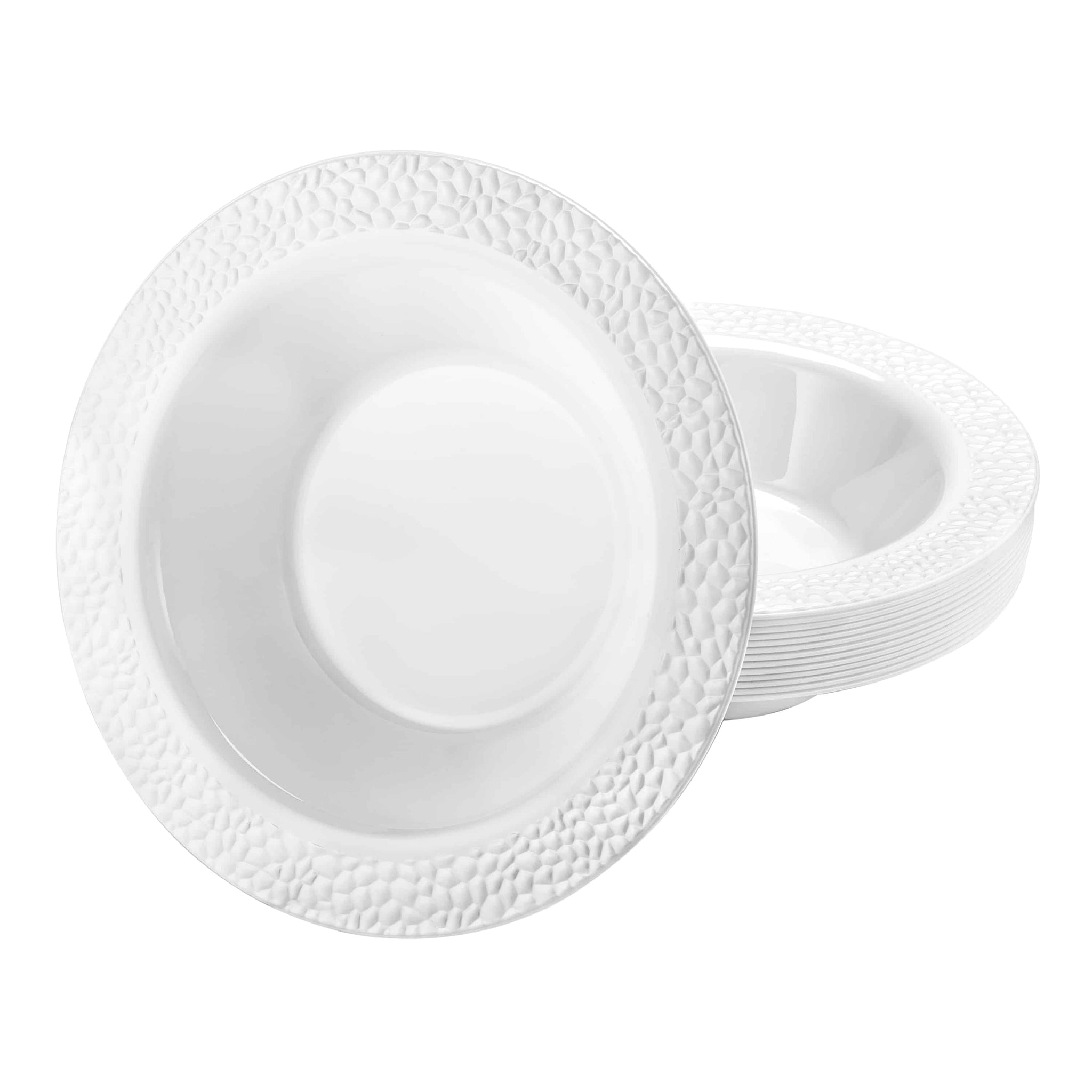 Pebbled Premium Pearl Bowls in 14oz and 5oz sizes. Durable, reusable tableware with a pearl finish. Ideal for soups, salads, desserts, and sides at weddings, catering events, parties, and home dining.