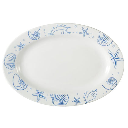 15-inch porcelain seashell oval platter, chip-resistant, microwave- and dishwasher-safe. Elegant serving dish for seafood, appetizers, and entrees in homes and restaurants.