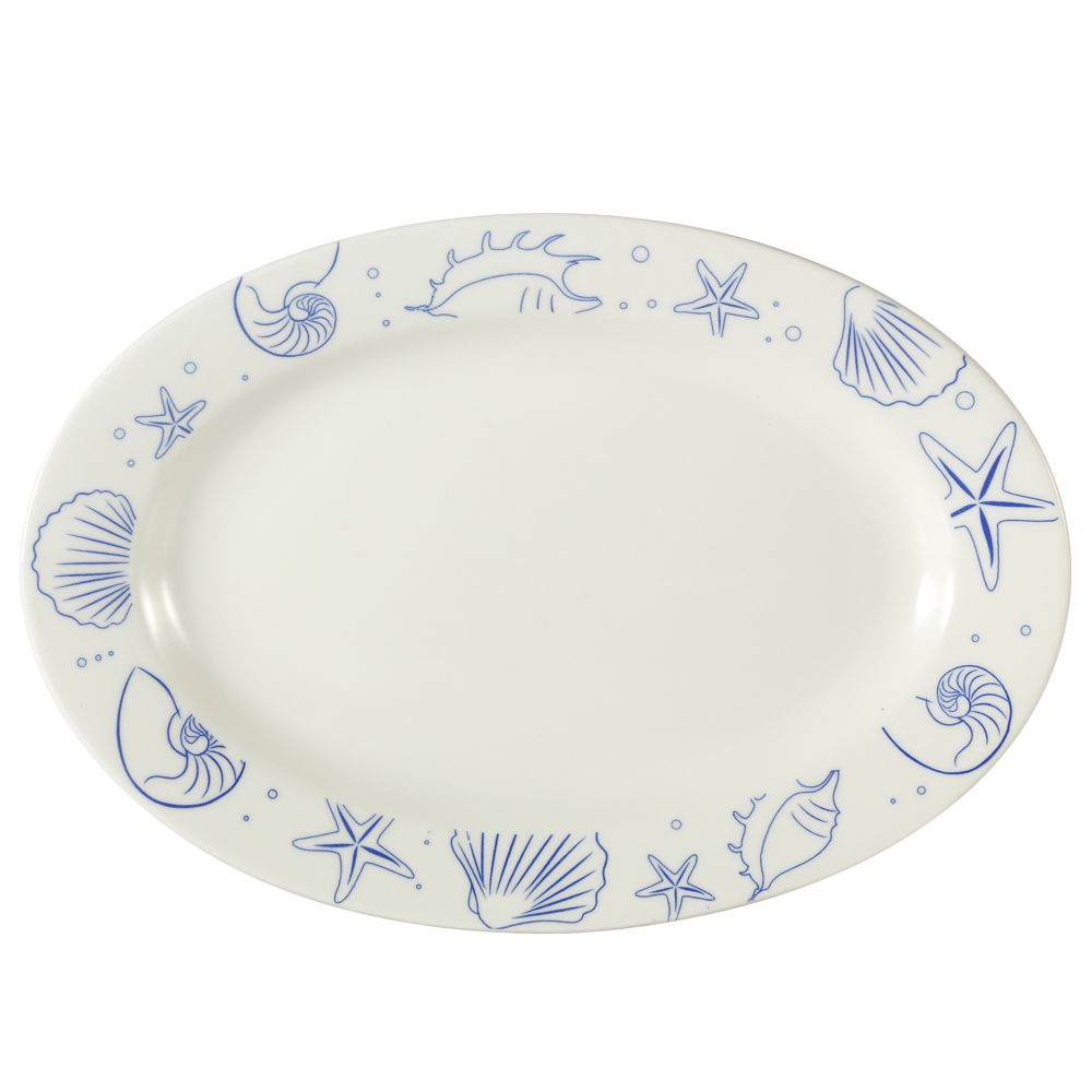 15-inch stoneware seashell oval platter AW, chip-resistant, microwave- and dishwasher-safe. Elegant serving dish for seafood, appetizers, and entrees in homes and restaurants.