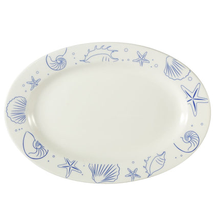 15-inch stoneware seashell oval platter AW, chip-resistant, microwave- and dishwasher-safe. Elegant serving dish for seafood, appetizers, and entrees in homes and restaurants.