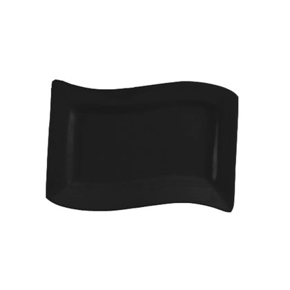 15.5-inch black rectangular platter, break-resistant and microwave-safe; perfect for serving entrees or appetizers in restaurants, catering, or home dining with bold, modern style.