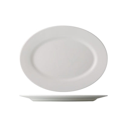 15 3/4-inch oval serving platter, large porcelain platter, chip-resistant, microwave-safe, dishwasher-safe, elegant design, durable, restaurant-quality, food presentation, classic white platter.