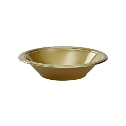 15oz gold plastic bowls, durable and disposable. Perfect for serving soups, salads, snacks, or desserts at weddings, parties, or formal events. Elegant gold design enhances any table setting with style.

